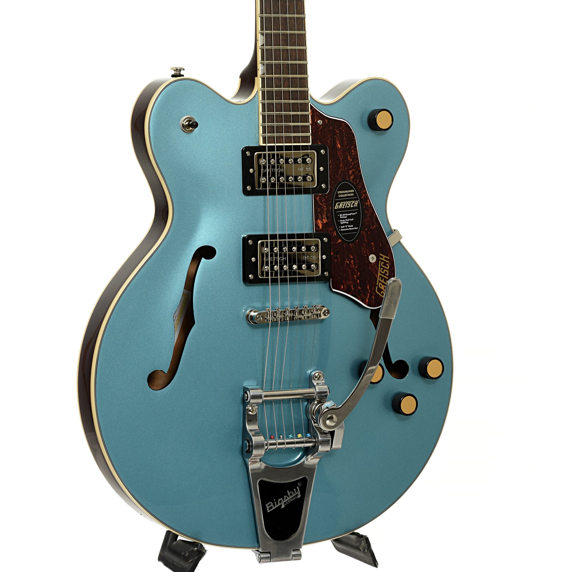 Front and side of Gretsch G2622T Streamliner Center Block Double-Cut with Bigsby Electric Gutitar, Arctic Blue