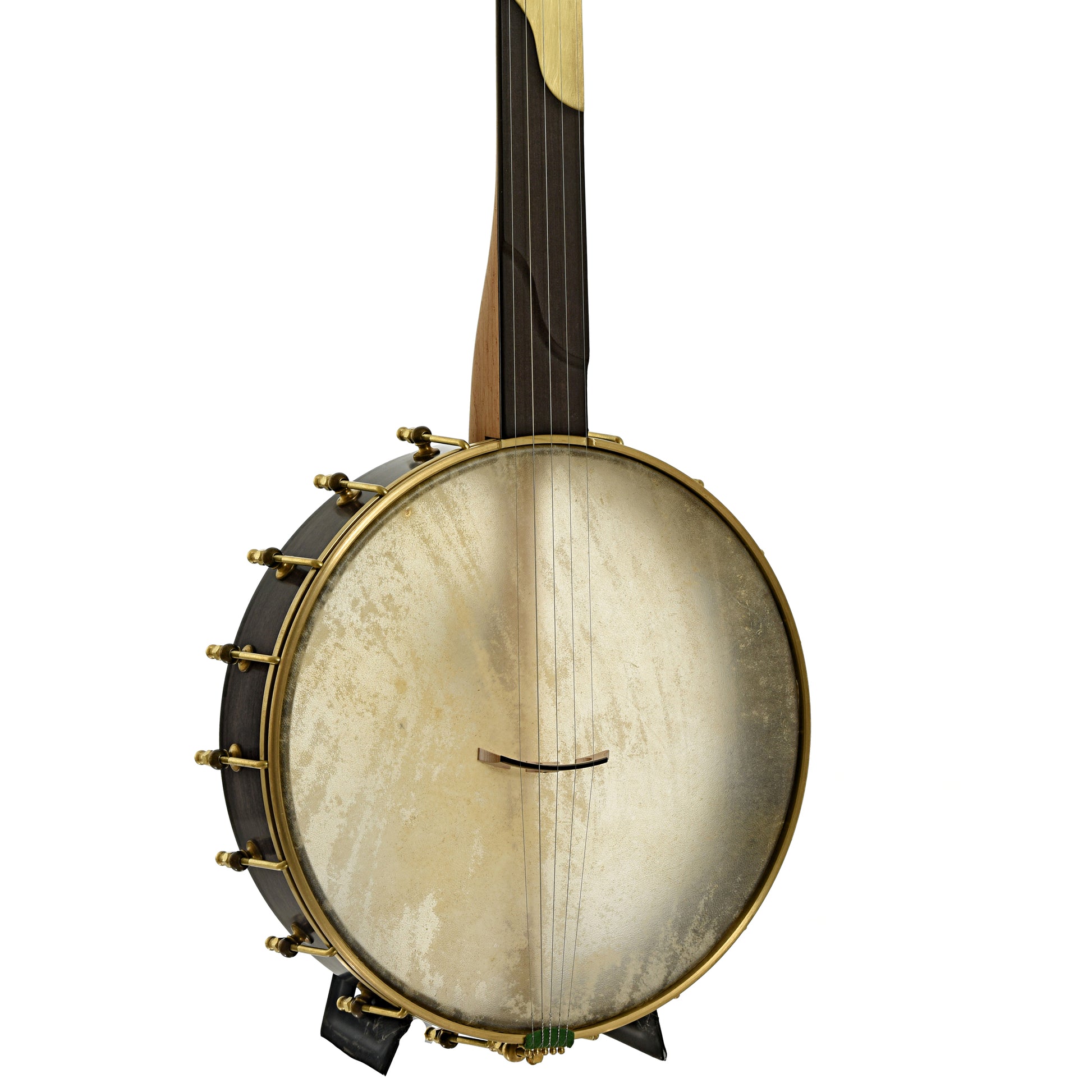 Frotnt and side of Chuck Lee Deep Hollow 12" Fretless Openback Banjo #875