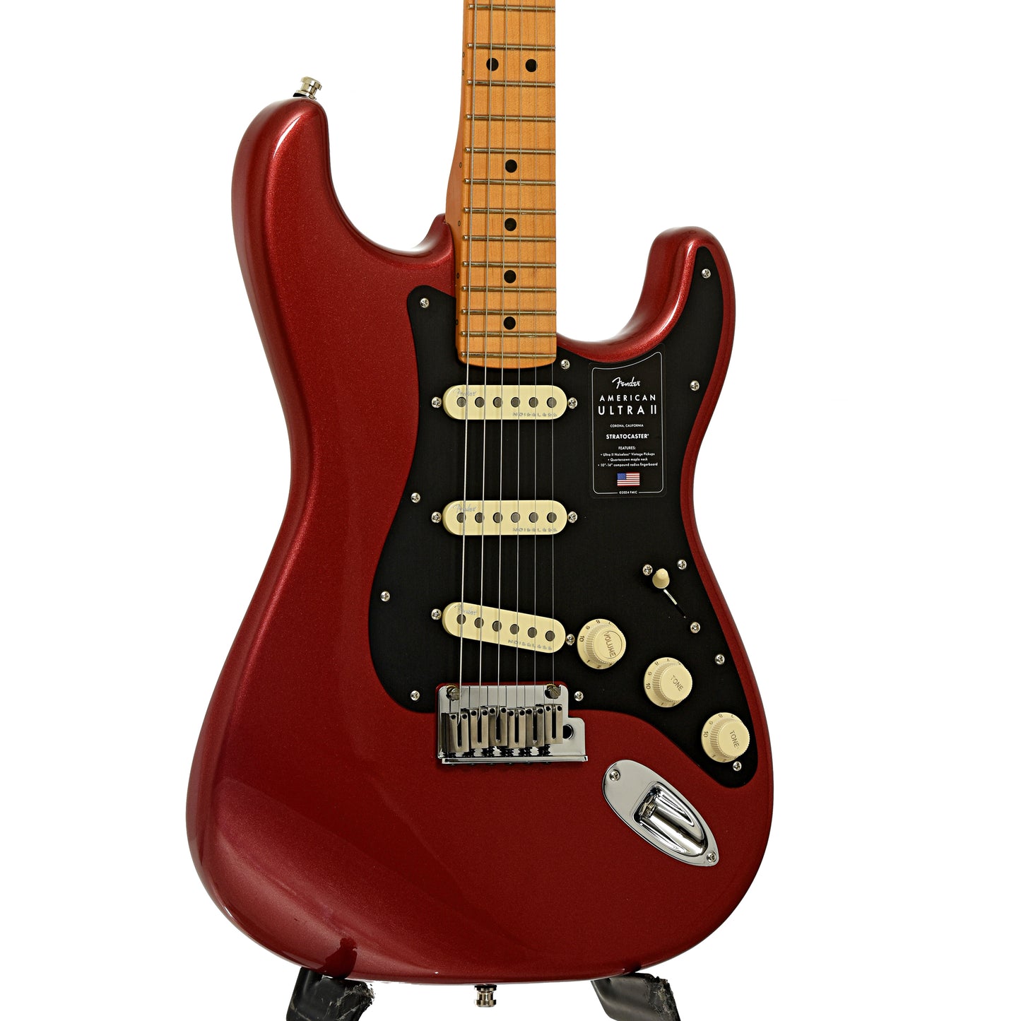 Front and side of Fender American Ultra II Stratocaster Electric Guitar & Case, Sinister Red