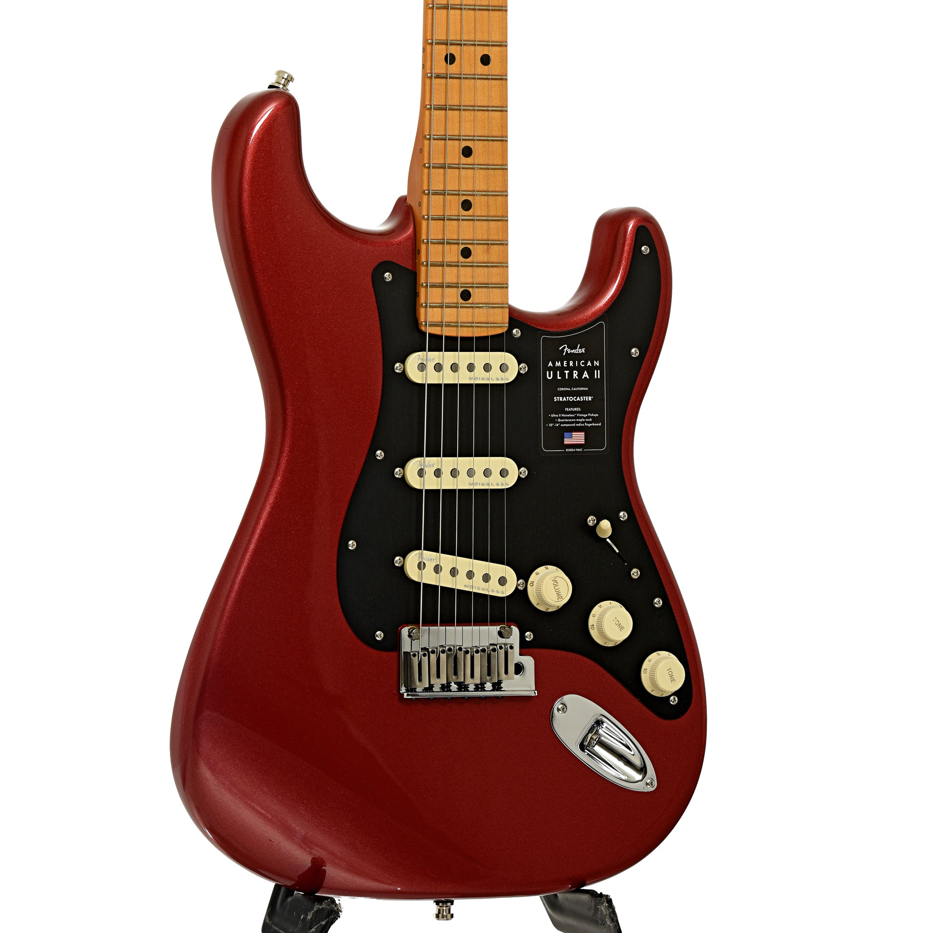 Front and side of Fender American Ultra II Stratocaster Electric Guitar & Case, Sinister Red
