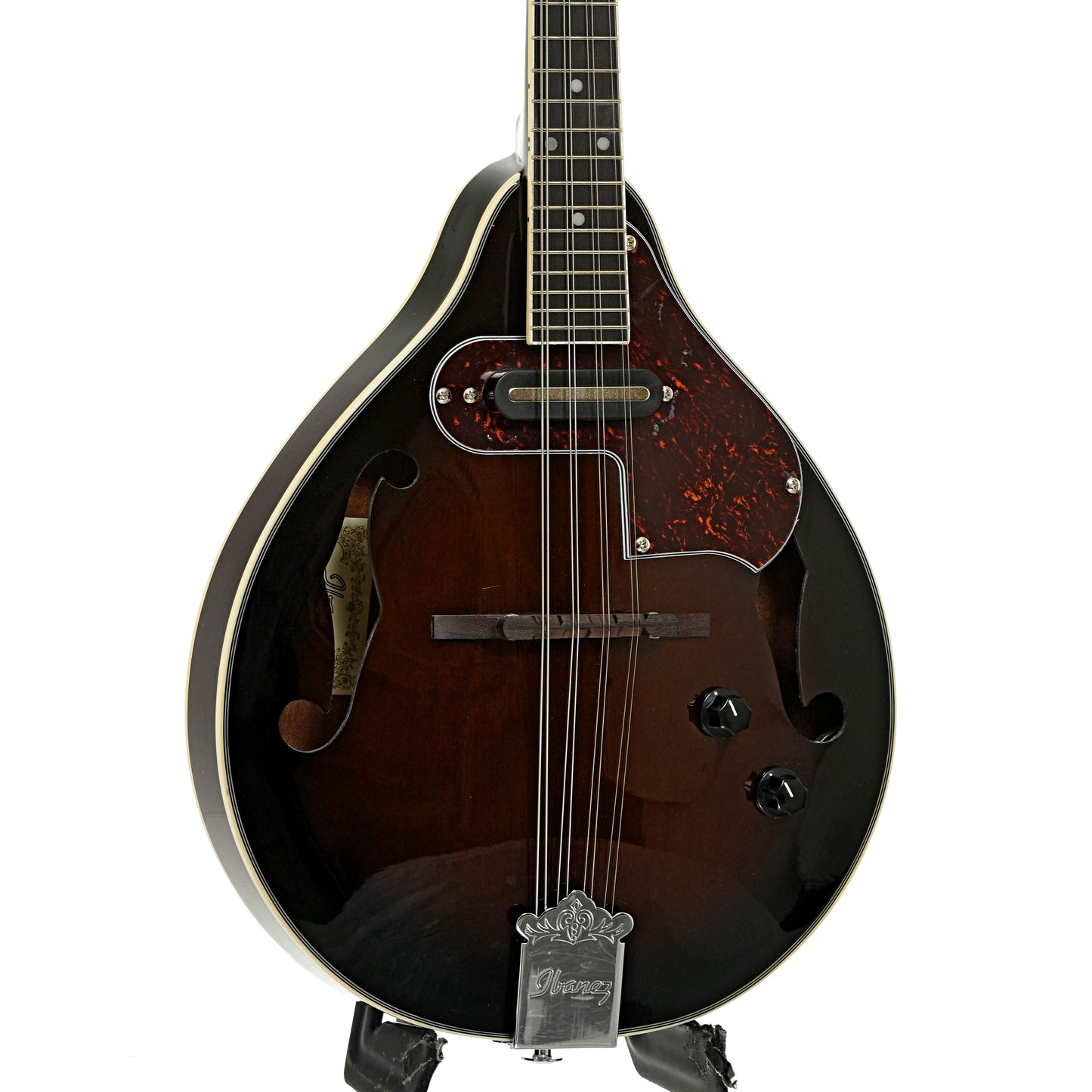 Front and side of Ibanez M510E Acoustic-Electric A-Style Mandolin, Dark Violin Sunburst