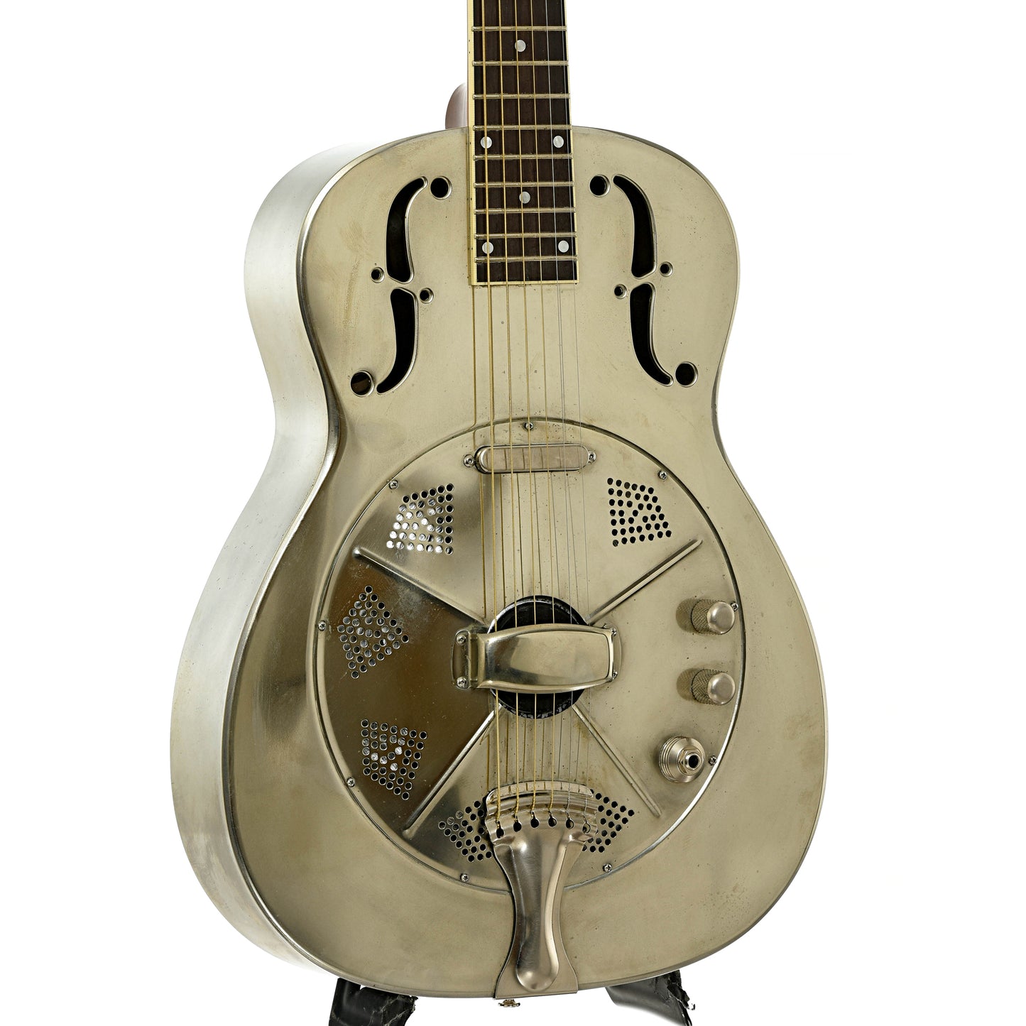 Front and side of National Raw Steel 14-Fret Resonator Guitar