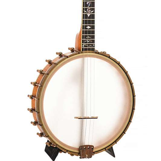 Full front and side of Ome Sweetgrass 11" Tenor Banjo & Gigbag - Curly Maple