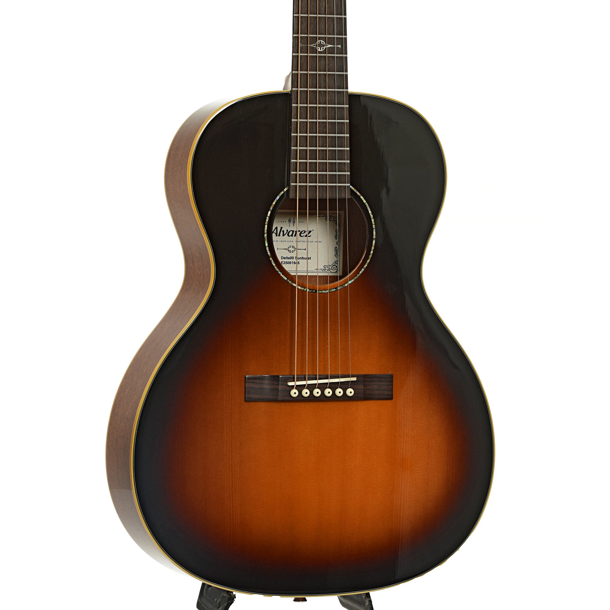 Front and side of Alvarez Delta00 00 Sunburst Acoustic Guitar