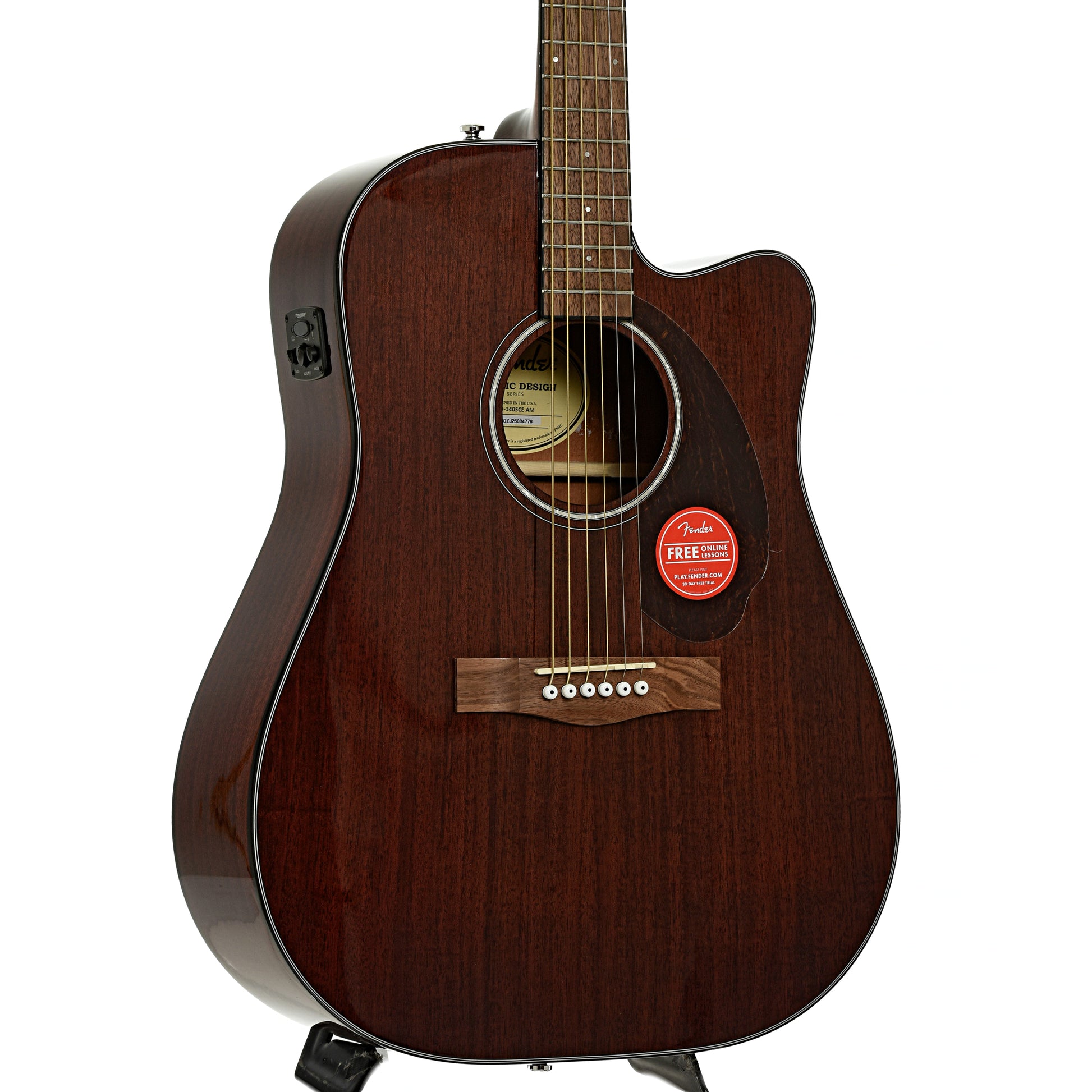 Front and side of Fender CD-140SCE All-Mahogany Dreadnought Acoustic Guitar 