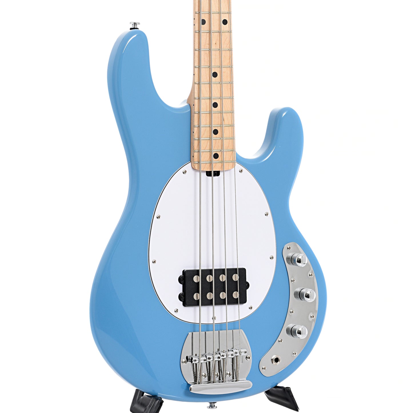 Front and side of Sterling by Music Man RAY4 4-String Bass, Chopper Blue