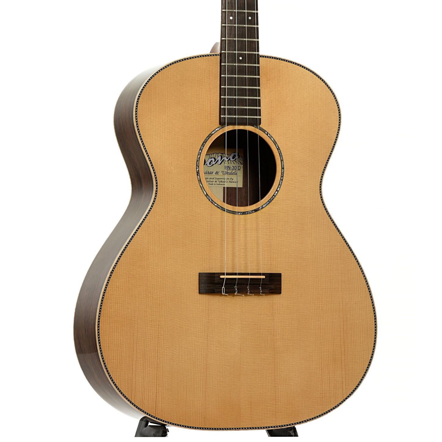 Front and side of Pono BN-30D Baritone Nui Guitar Ukulele