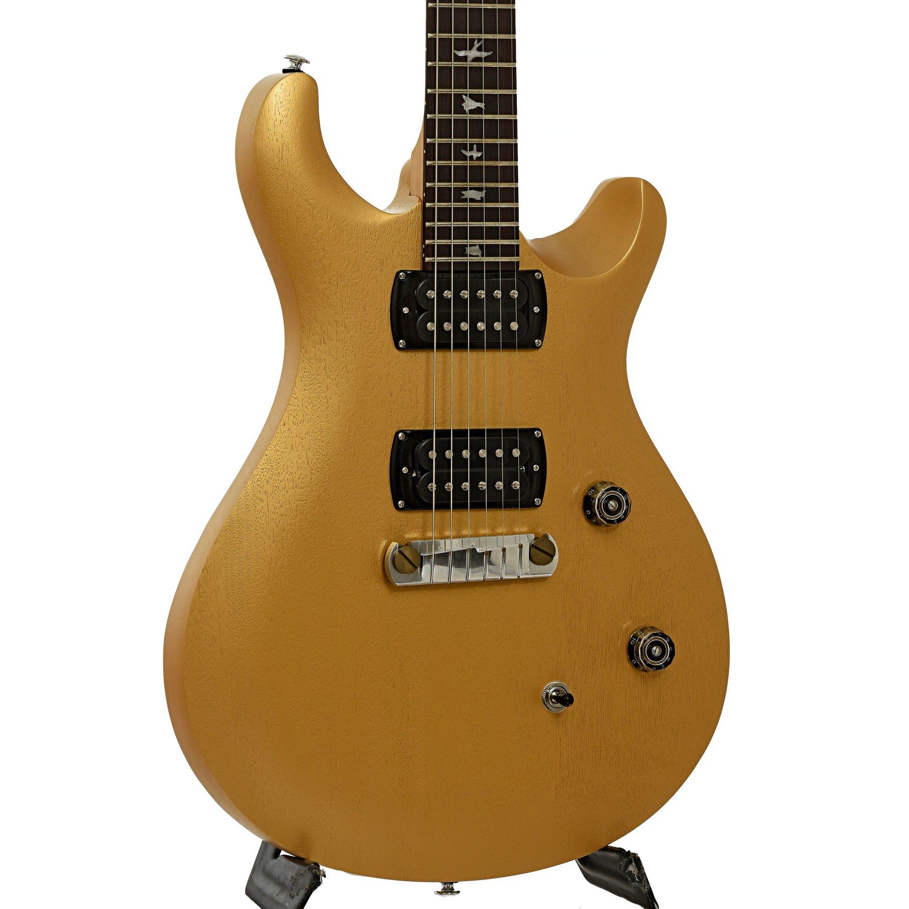 Front and side of PRS SE CE 24 Standard Satin Stoptail Metallic Gold Electric Guitar 