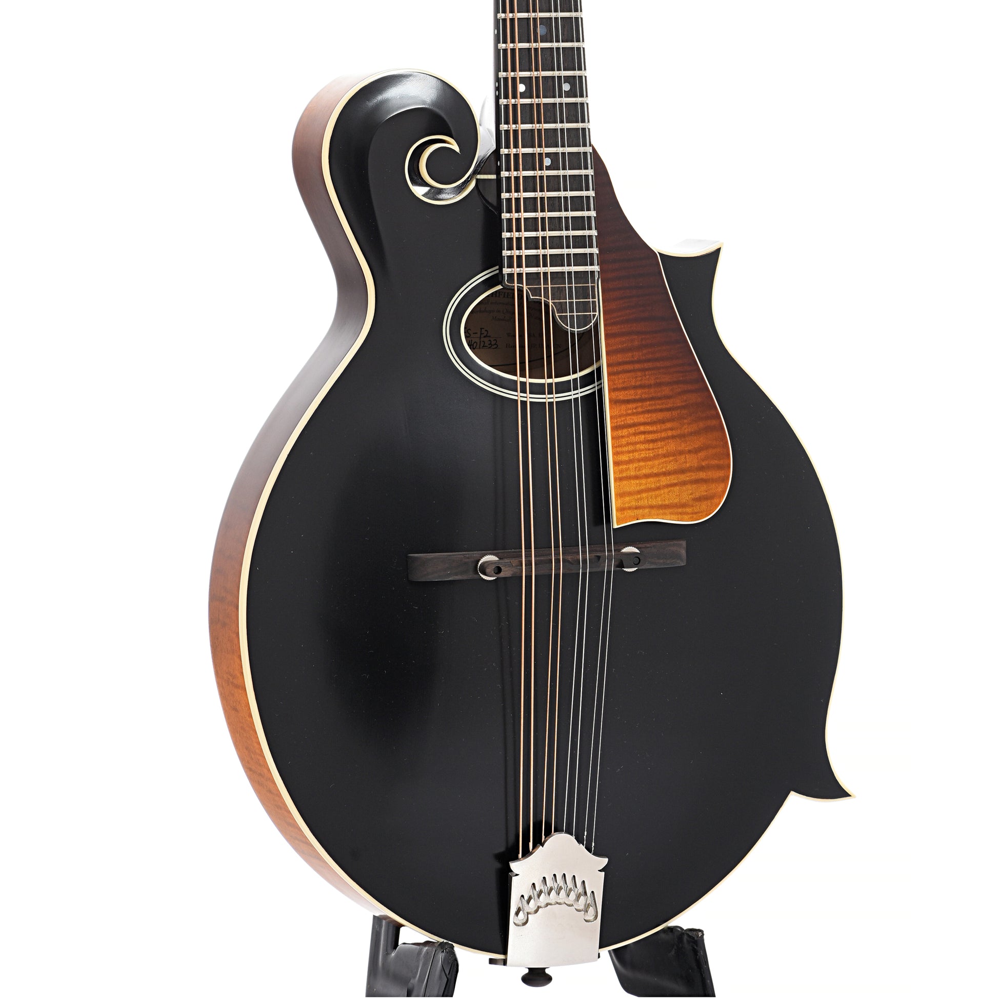 front and side of Northfield Workshop  S-Series NFS-F2B Mandolin, Blacktop Oval Soundhole,