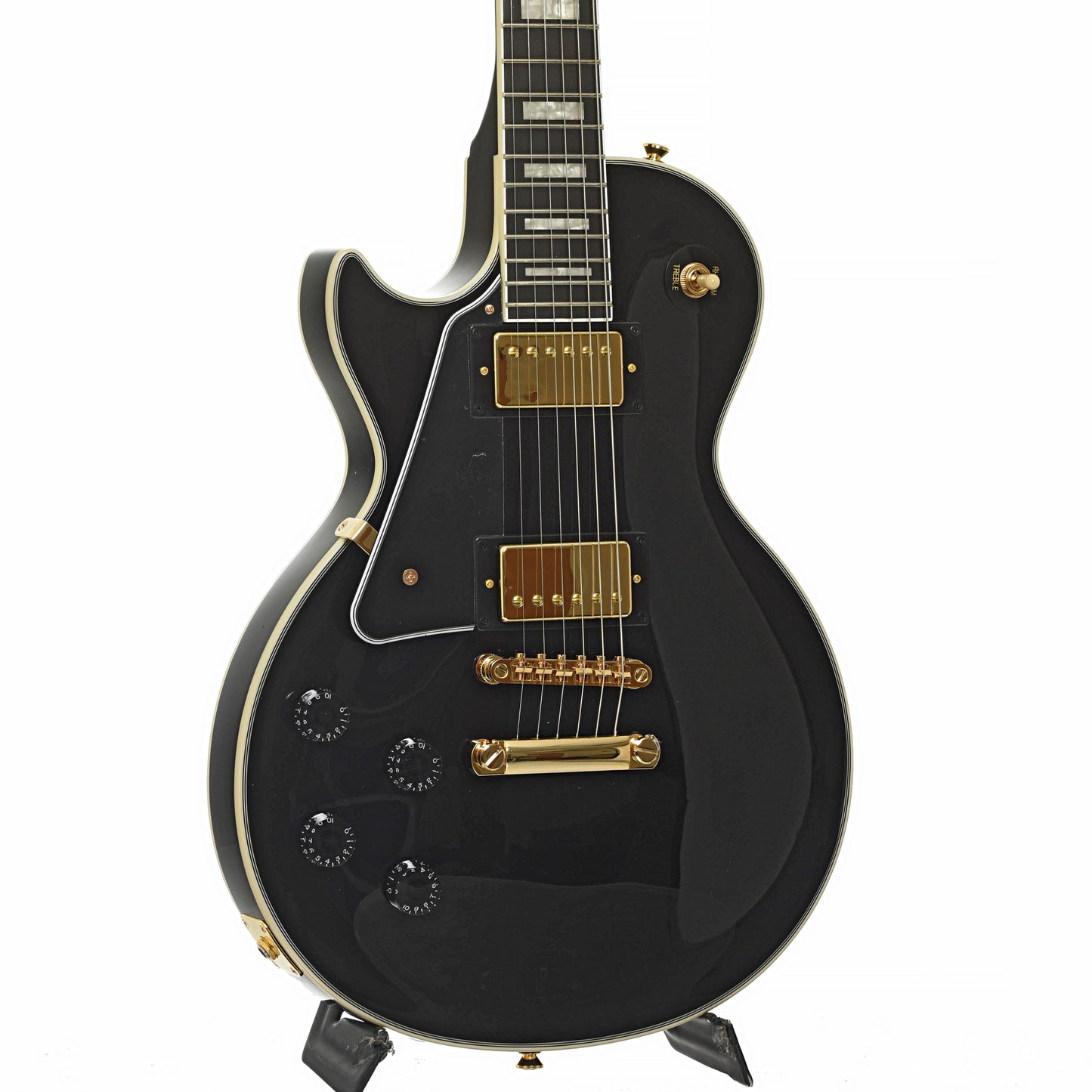 Front and side of Epiphone Les Paul Custom Left-Handed Electric Guitar & Gigbag, Ebony