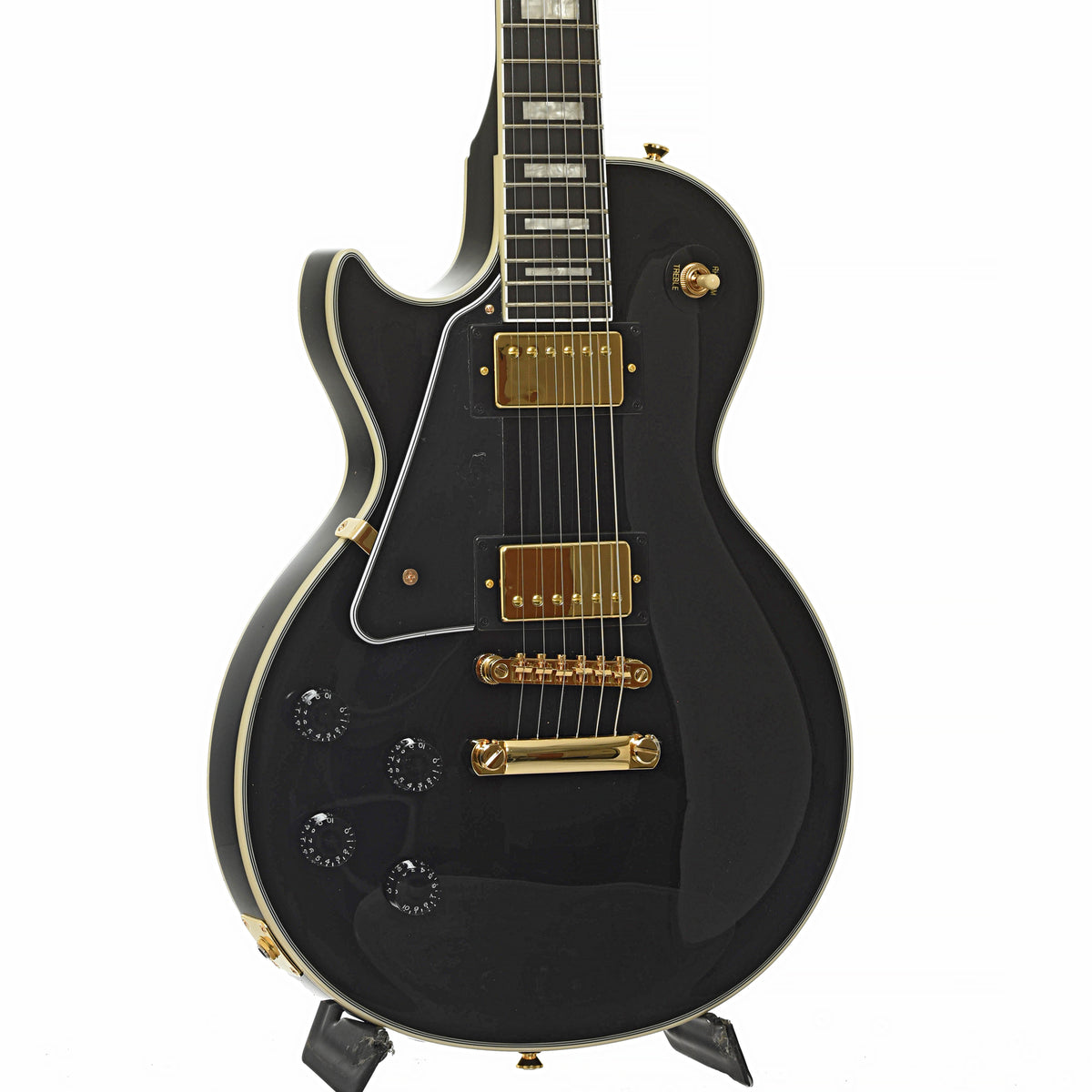 Front and side of Epiphone Les Paul Custom Left-Handed Electric Guitar & Gigbag, Ebony