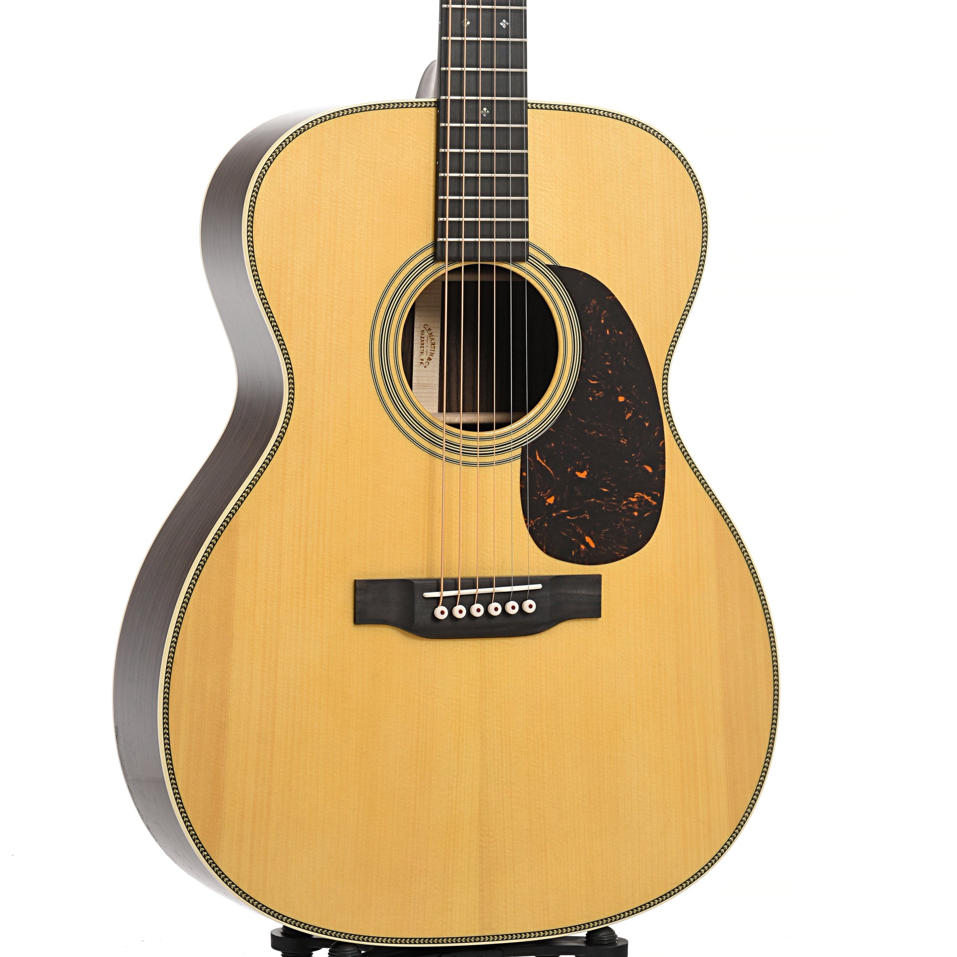 Front and side of Martin Custom Herringbone 28-Style 000 Guitar & Case, Thinner Adirondack Top