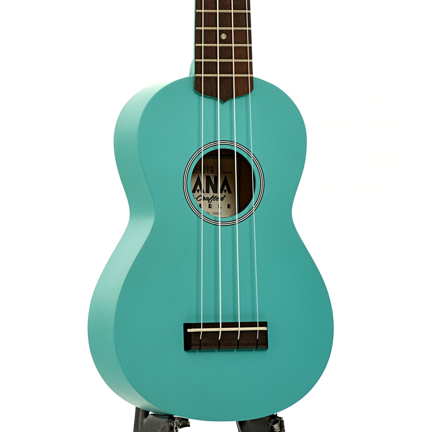 Front and side of Ohana SK-10 Soprano Ukulele, Turquoise