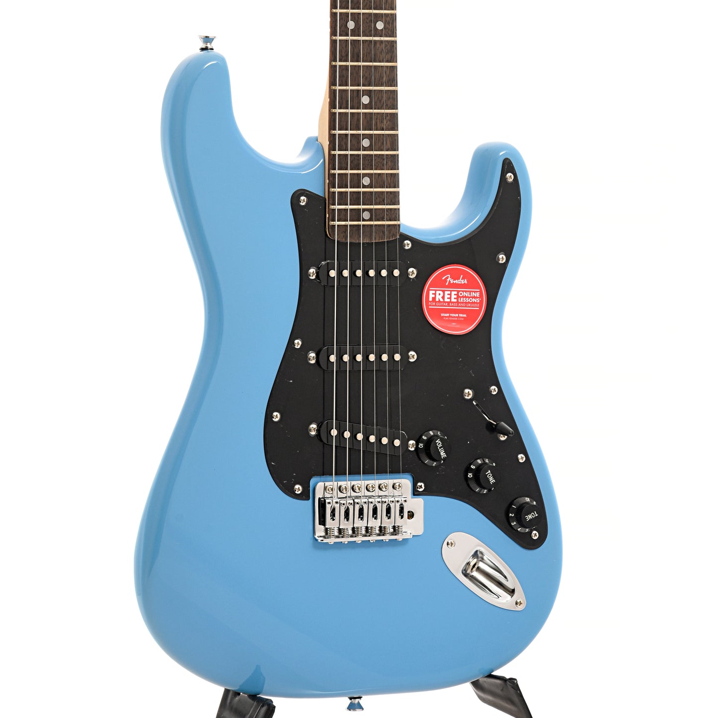 Front and side of Squier Sonic Stratocaster, California Blue