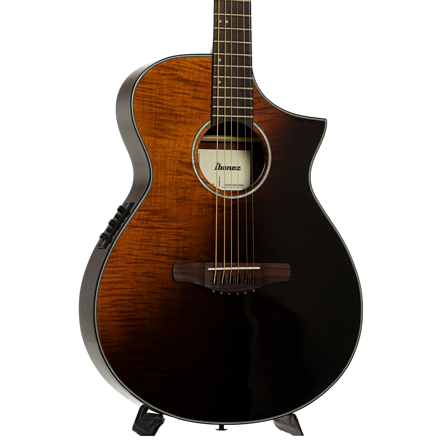 Front and side of Ibanez AEWC32FM Thinline Acoustic-Electric Guitar Amber Sunset Fade