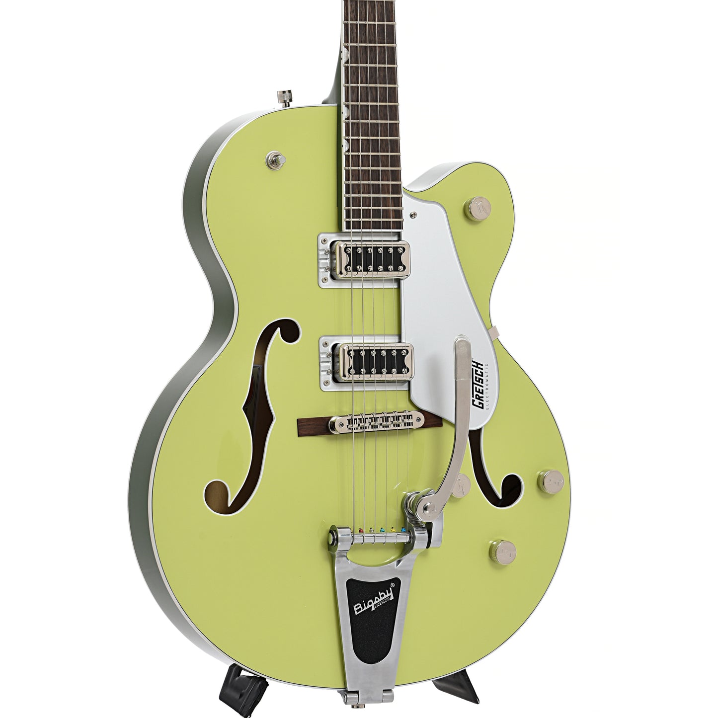 Front and side of Gretsch G5420T Electromatic Classic Single-Cut with Bigsby, Two-Tone Anniversary Green