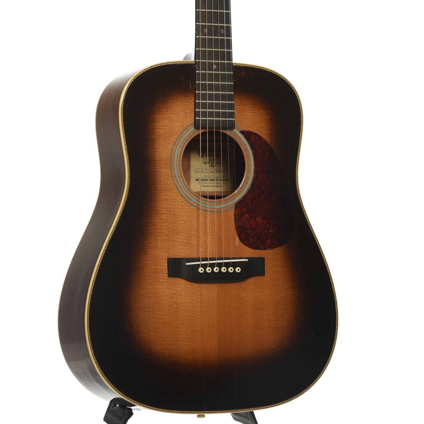Front and side of Martin D-28 1935 Special Sunburst Acoustic Guitar