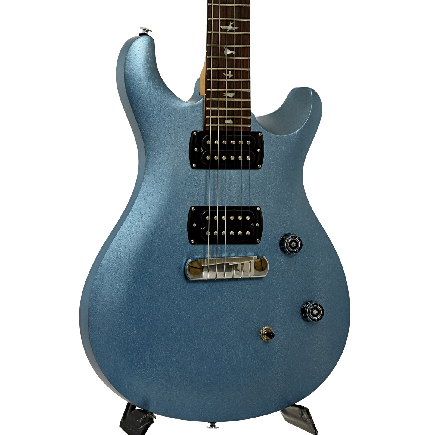 Front and side of PRS SE CE 24 Standard Satin Stoptail Ice Blue Metallic Electric Guitar 