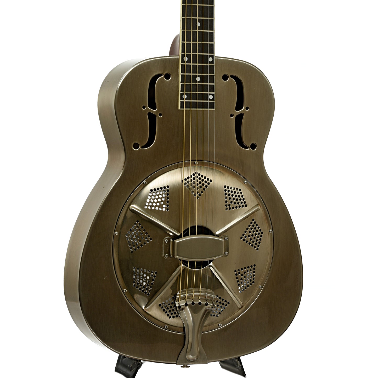 Front and side of Republic Resolian Relic Nickel Roundneck Resonator Guitar