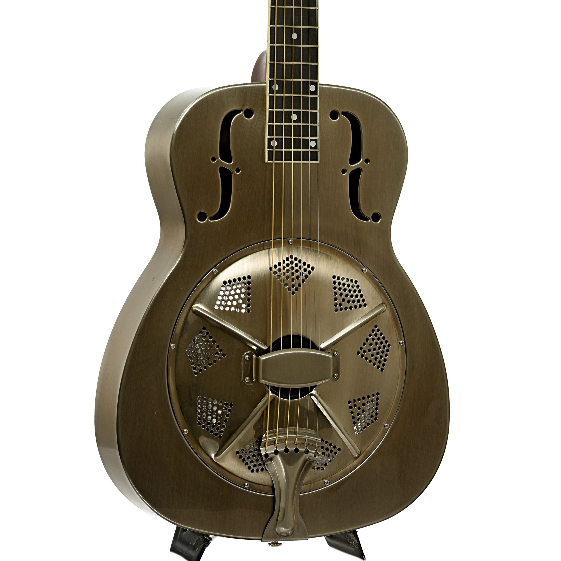 Front and side of Republic Resolian Relic Nickel Roundneck Resonator Guitar