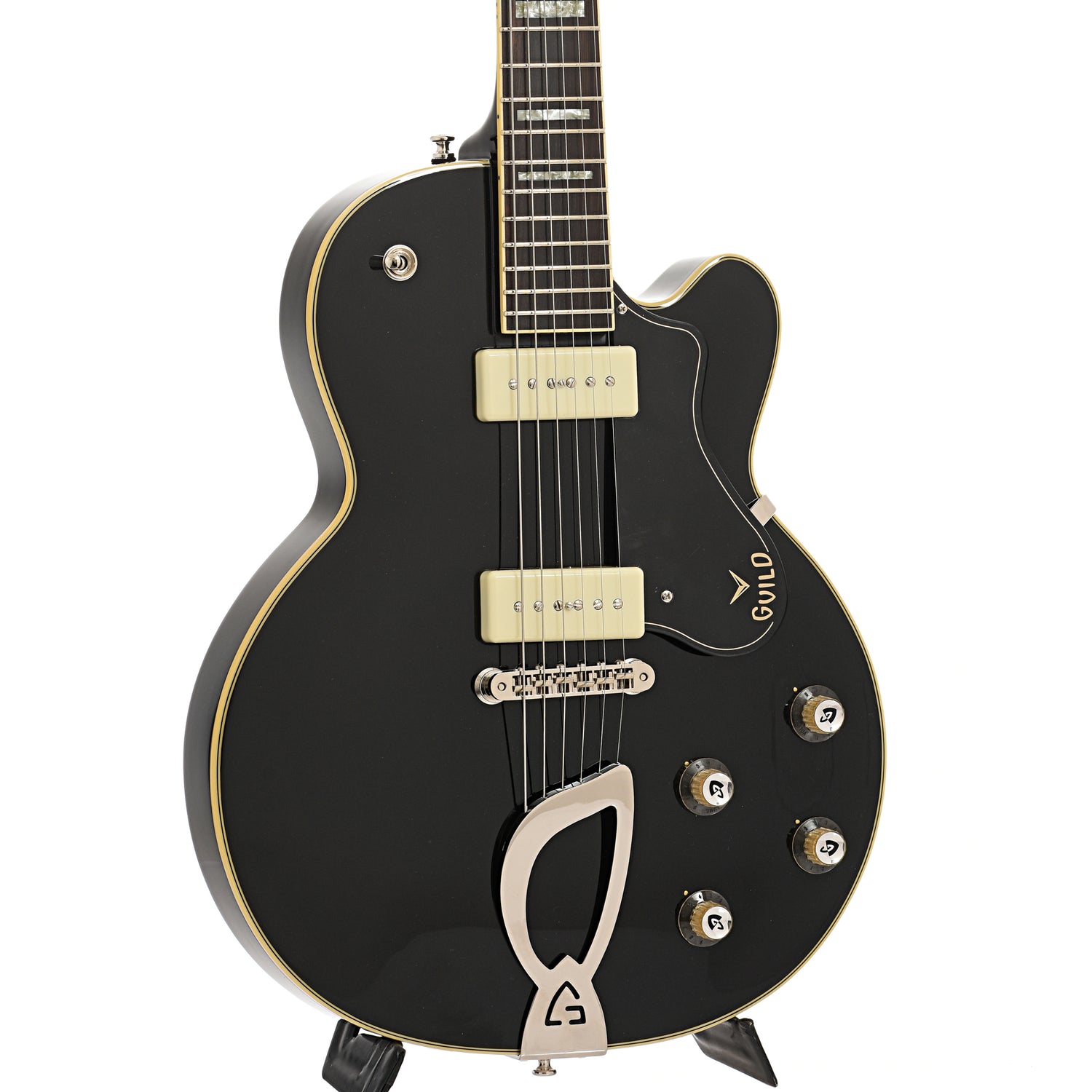 Front and side of Guild Newark St. Collection M-75 Aristocrat Hollow Body Archtop Guitar, Limited Edition Black Finish