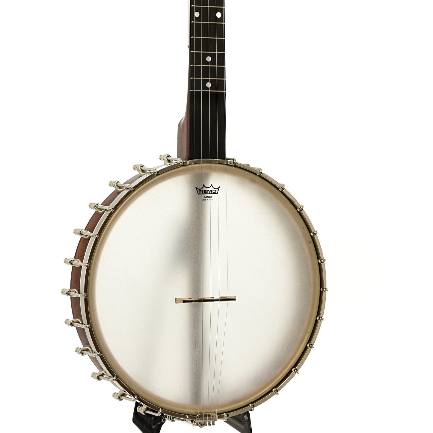 Font and side of Bart Reiter Round Peak Open Back Banjo