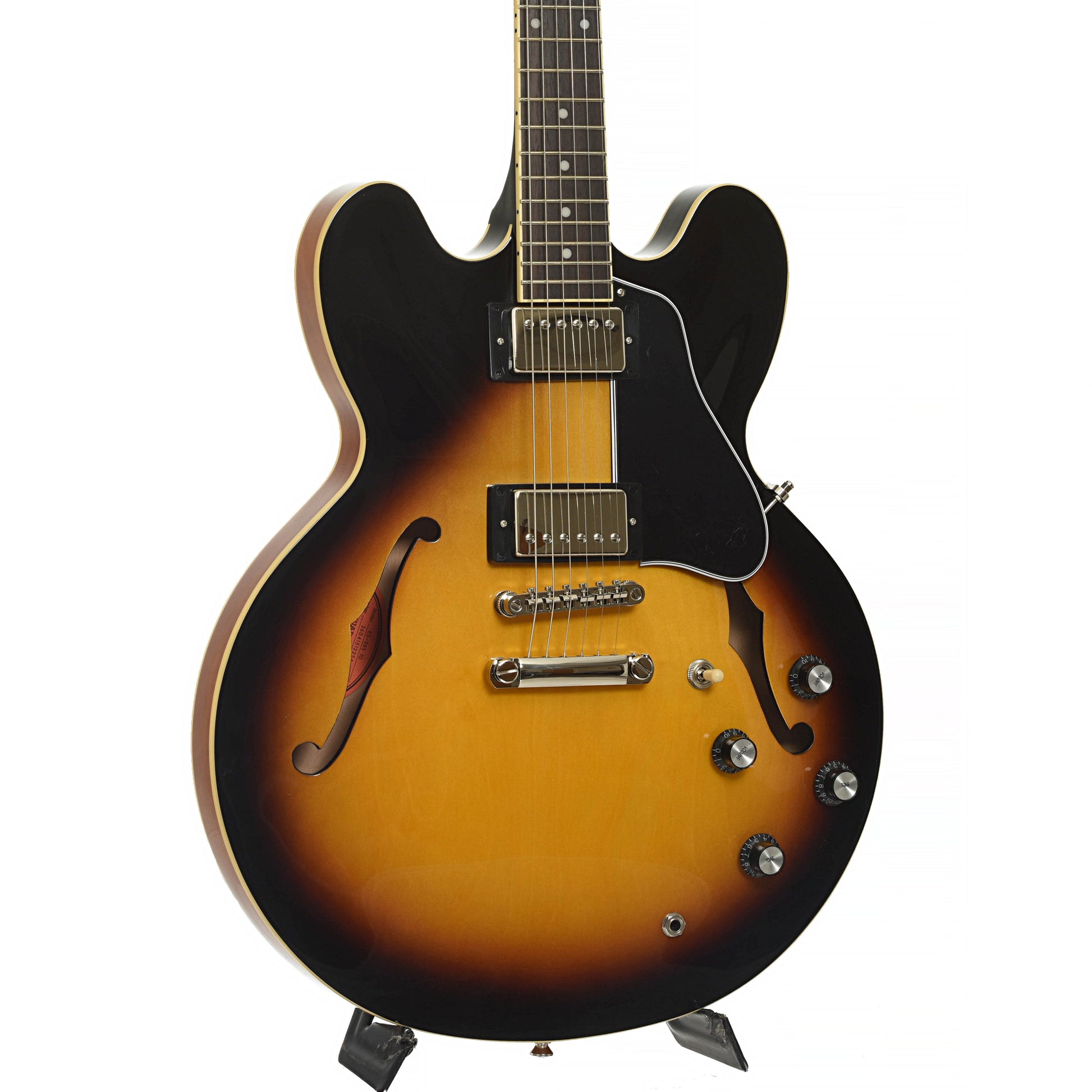 Full front and side of Epiphone ES-335 Semi-Hollowbody Electric Guitar, Vintage Sunburst