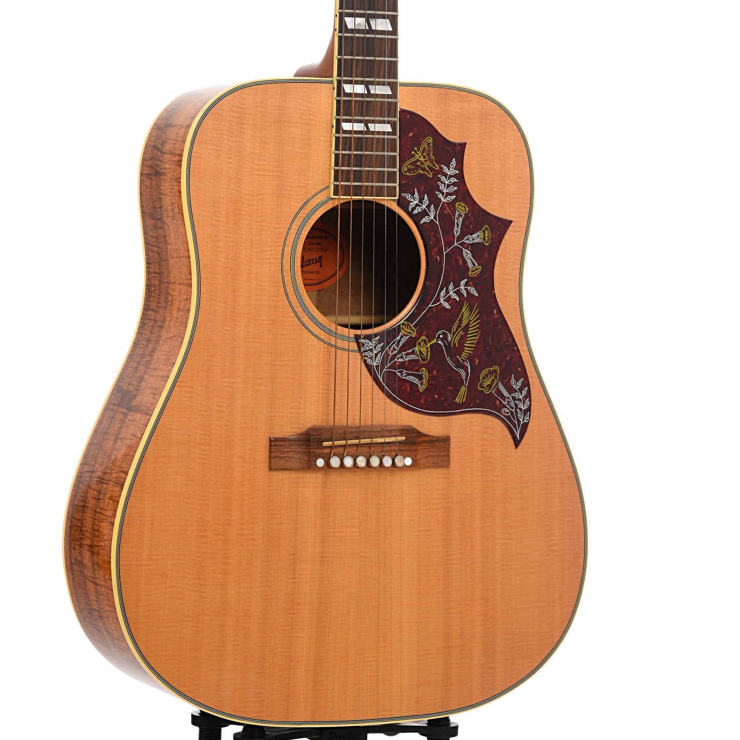 Front and side of Gibson Hummingbird Koa Custom Shop Acoustic Guitar 