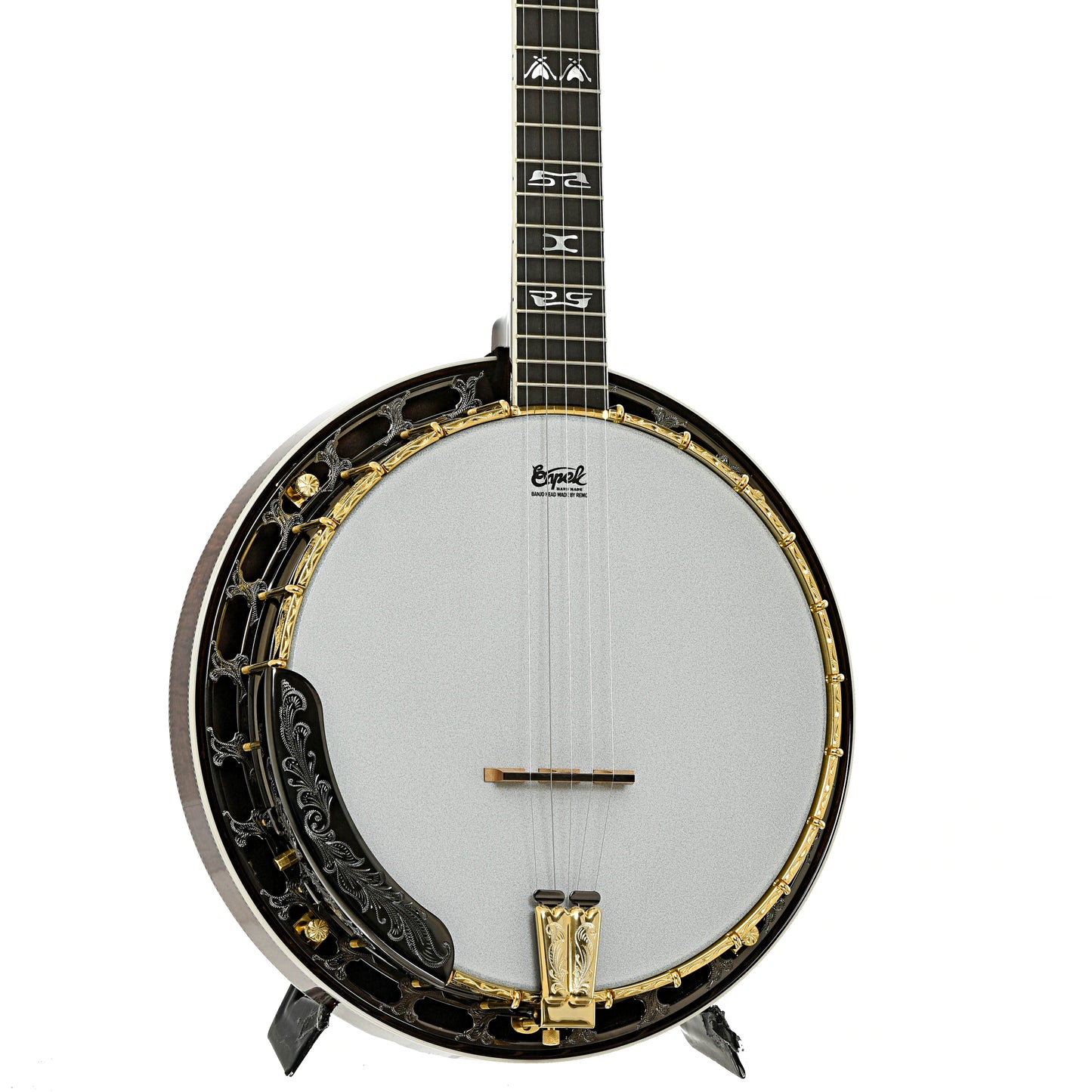 Front of Capek Allegoria Gold Banjo & Case, Flame Maple