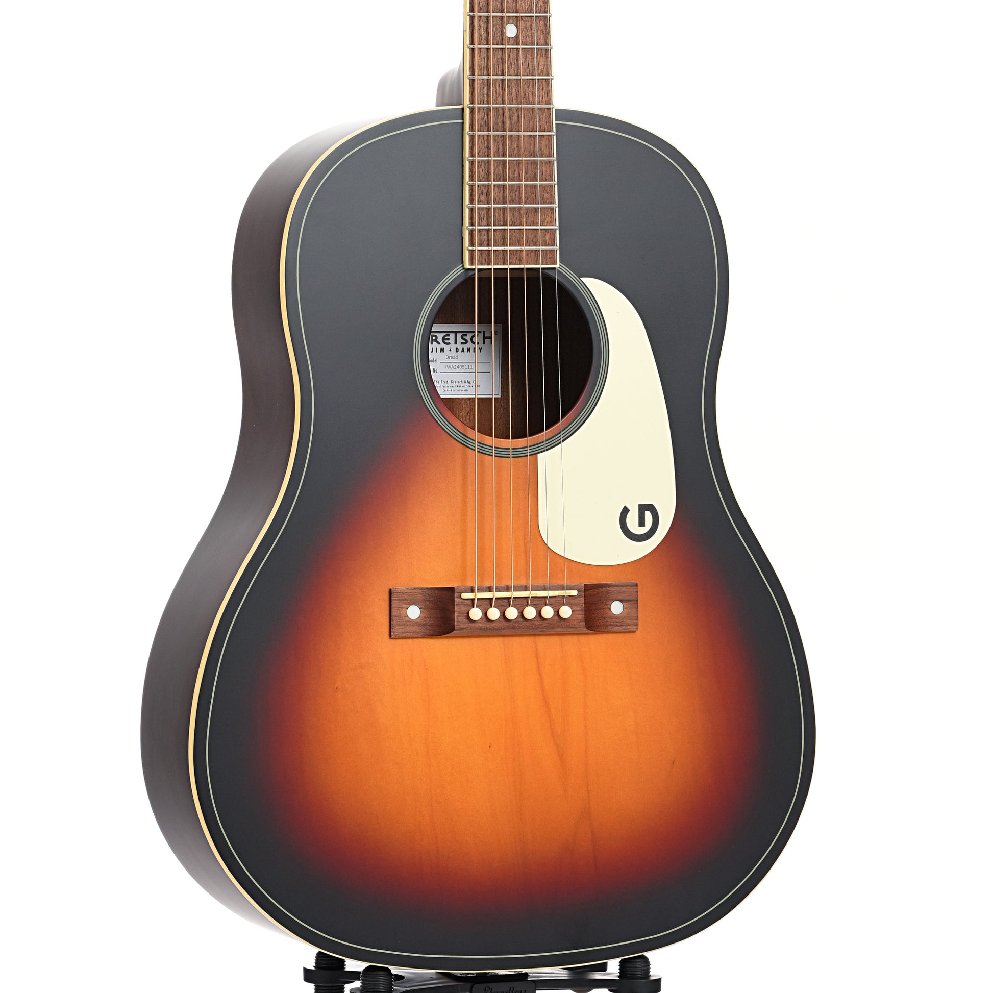 Front and side of Gretsch Jim Dandy Dreadnought Acoustic Guitar, Rex Burst