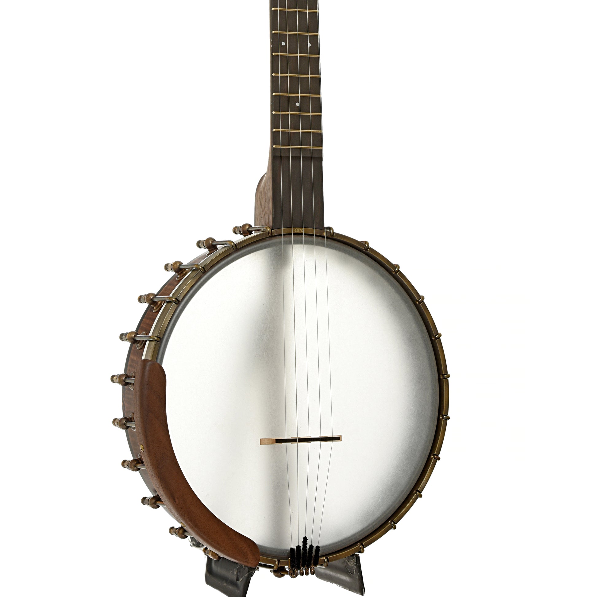 Front and side of Ode Magician 11" Walnut Openback Banjo
