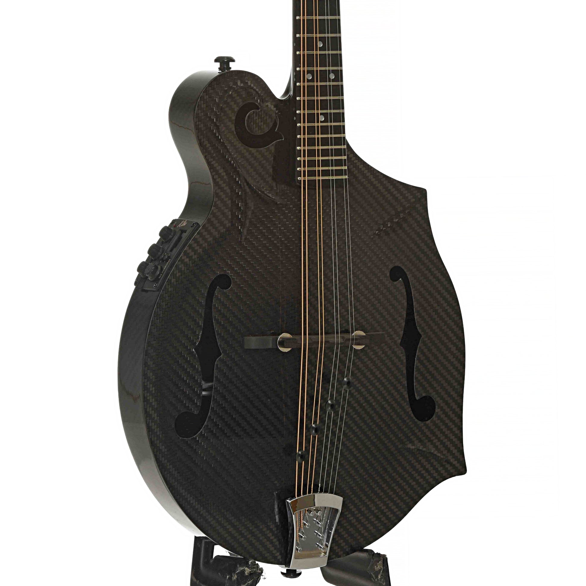 Front & Side of KLOS Carbon Fiber F-Style Mandolin with Active EQ