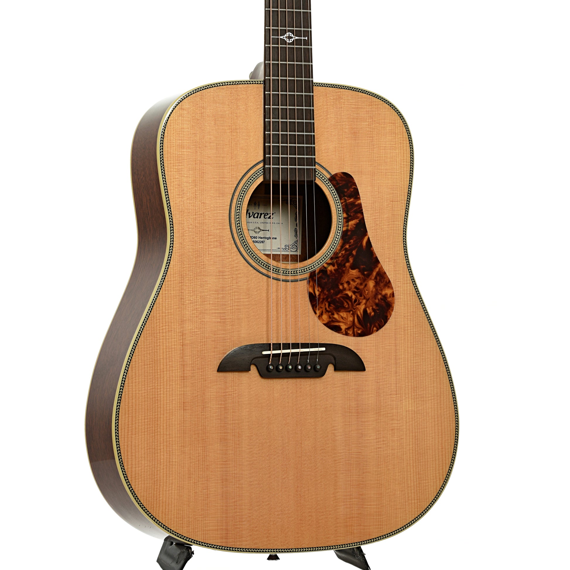 Front and side of Alvarez Masterworks Series MD60 Herringbone Dreadnought Acoustic Guitar