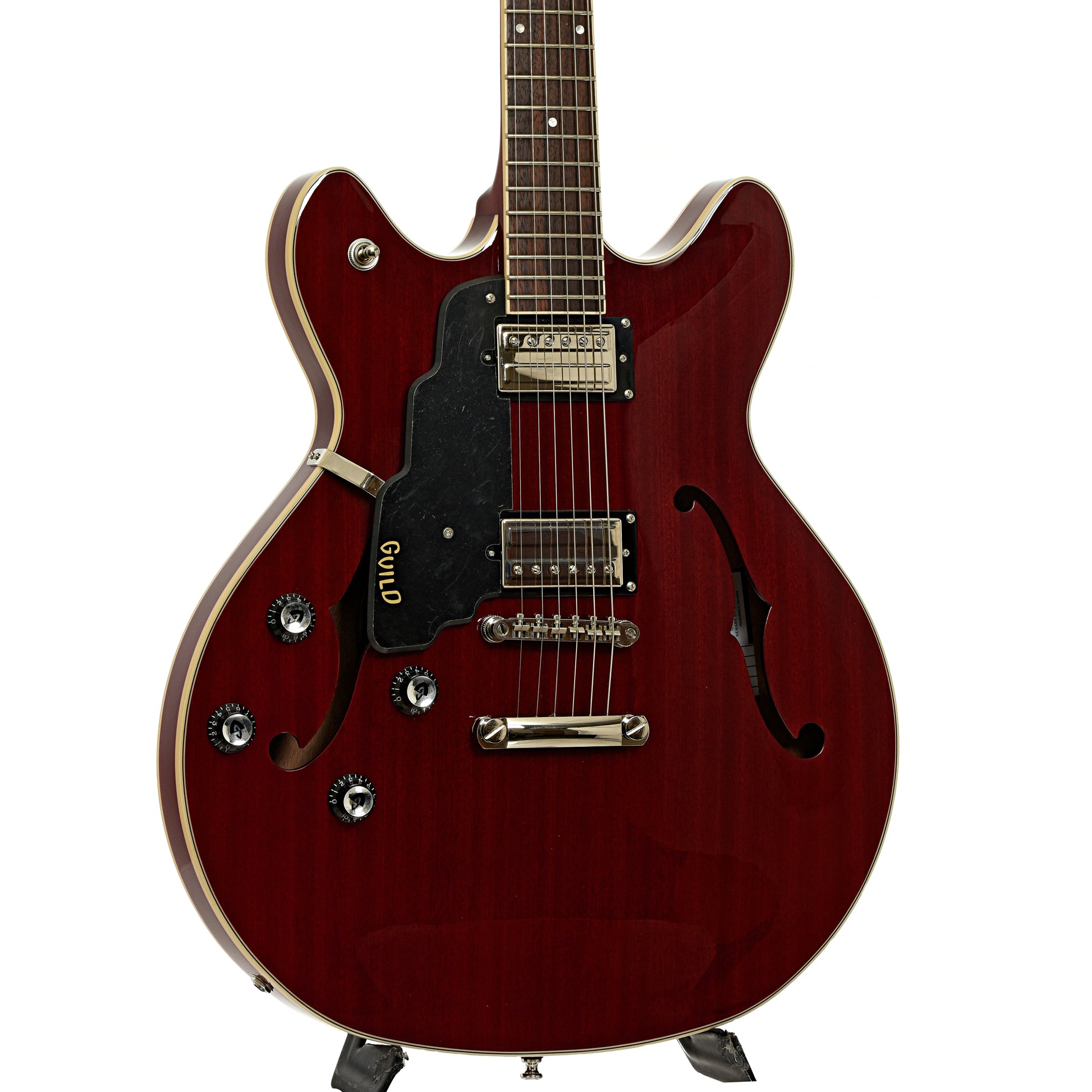 Front and side of Guild Starfire I Cherry Red Left Handed Semi-Hollow Body Electric Guitar