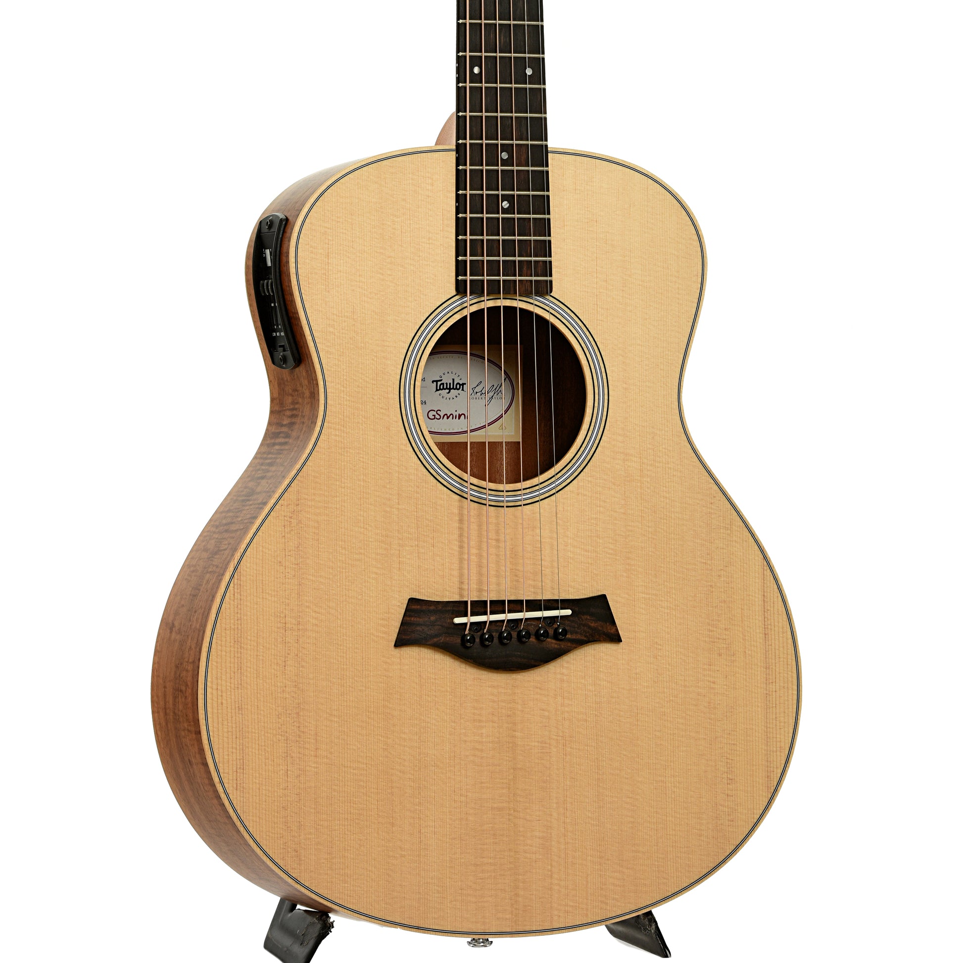 Front and side of Taylor GS Mini-e LTD Figured Koa Acoustic Guitar