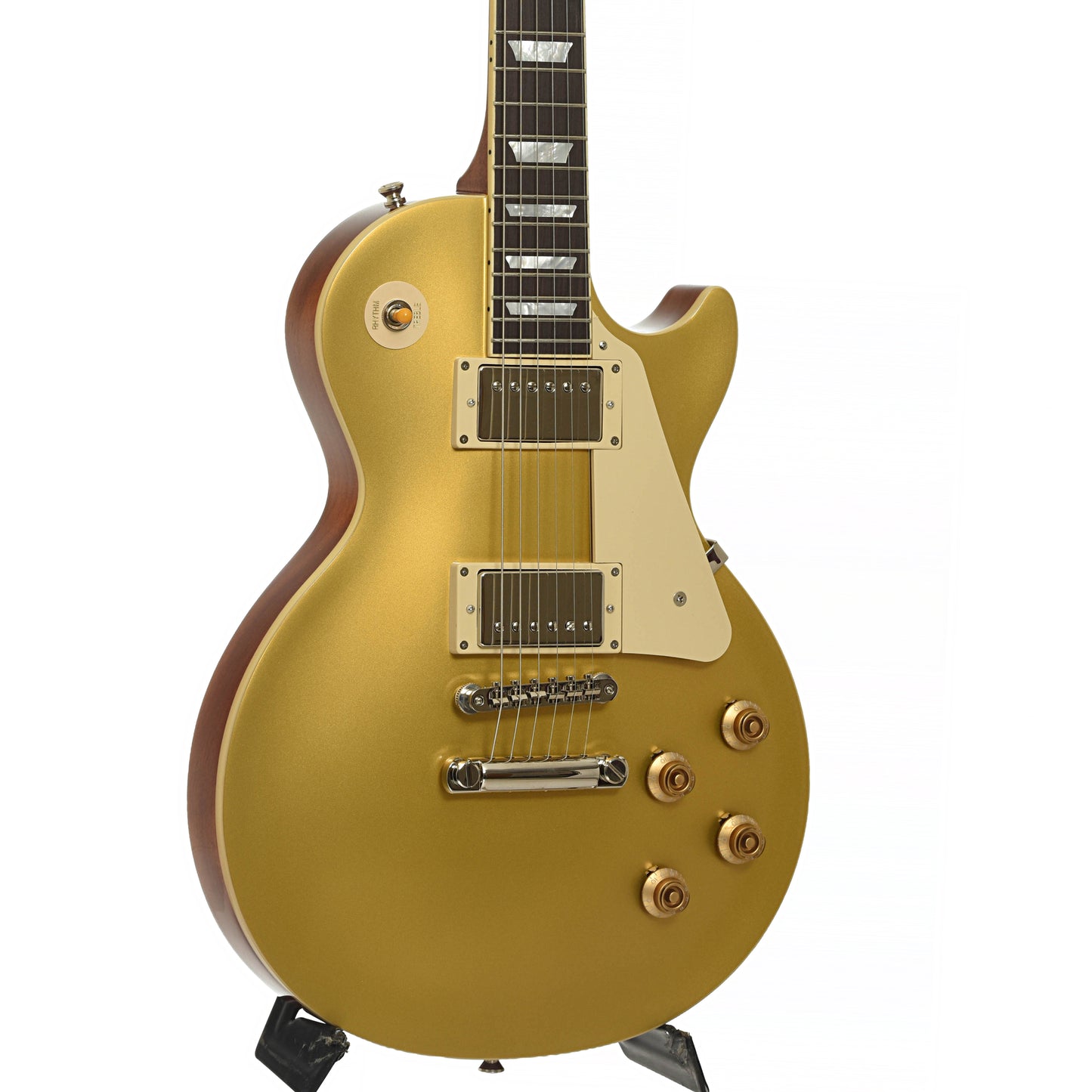 Front and side of Epiphone 1957 Les Paul Goldtop Reissue Electric Guitar & Case, Double Gold