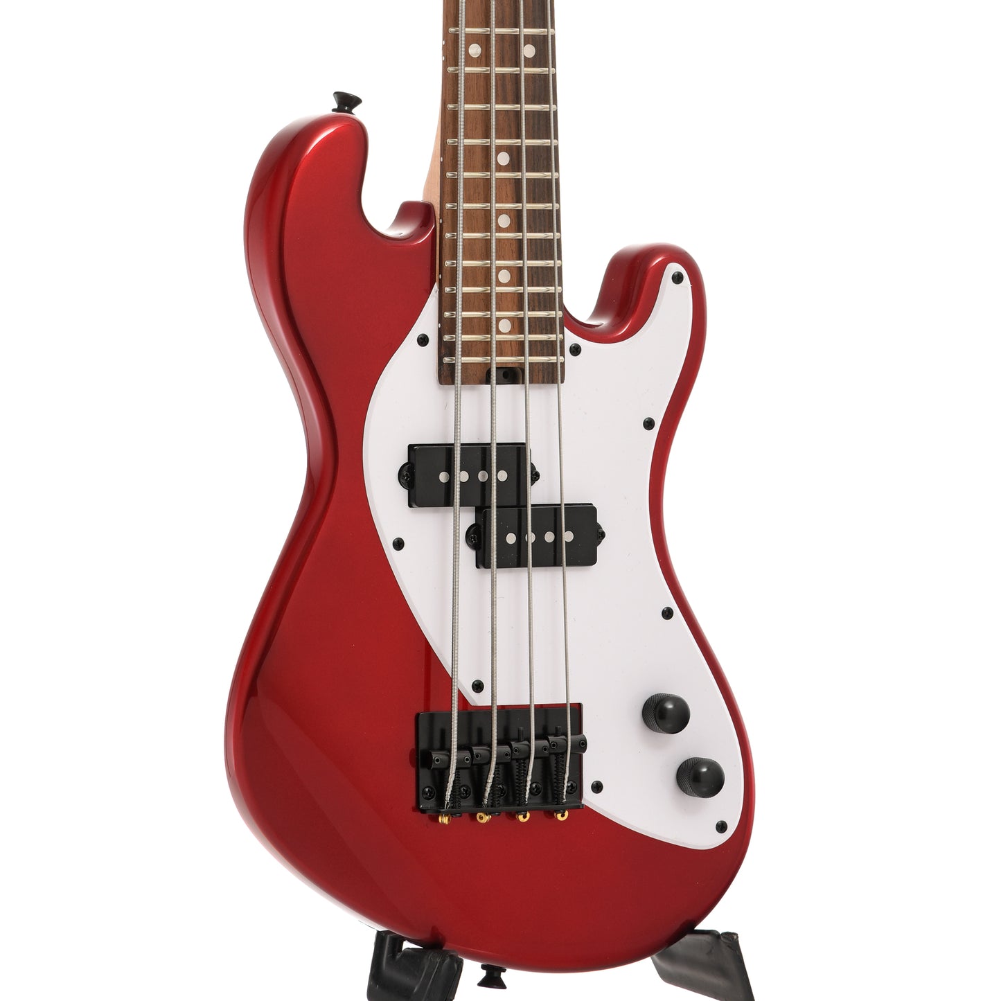 front and side of Kala Solid Body U-Bass, Candy Apple Red
