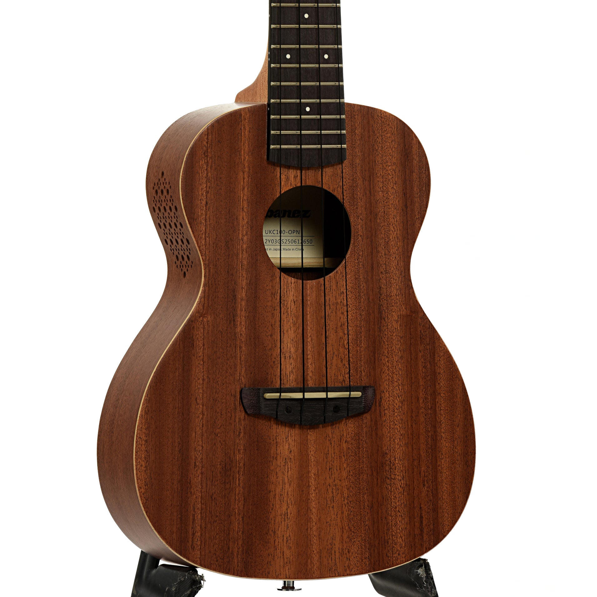 Frotn and side of Ibanez Concert Ukulele with Bag, Open Pore Natural