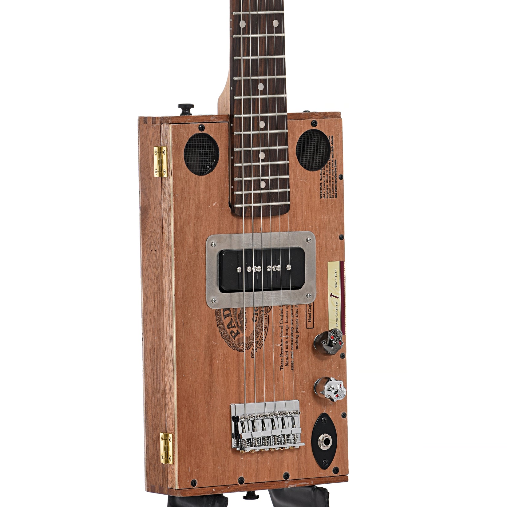 Front and side of Get Down Guitars 6-String Padron Cigar Box Guitar