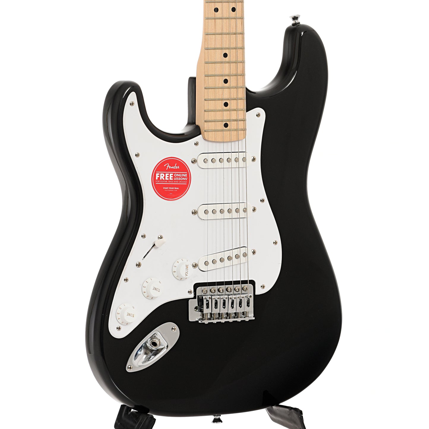 Front and side of Squier Sonic Stratocaster, Left Handed, Black