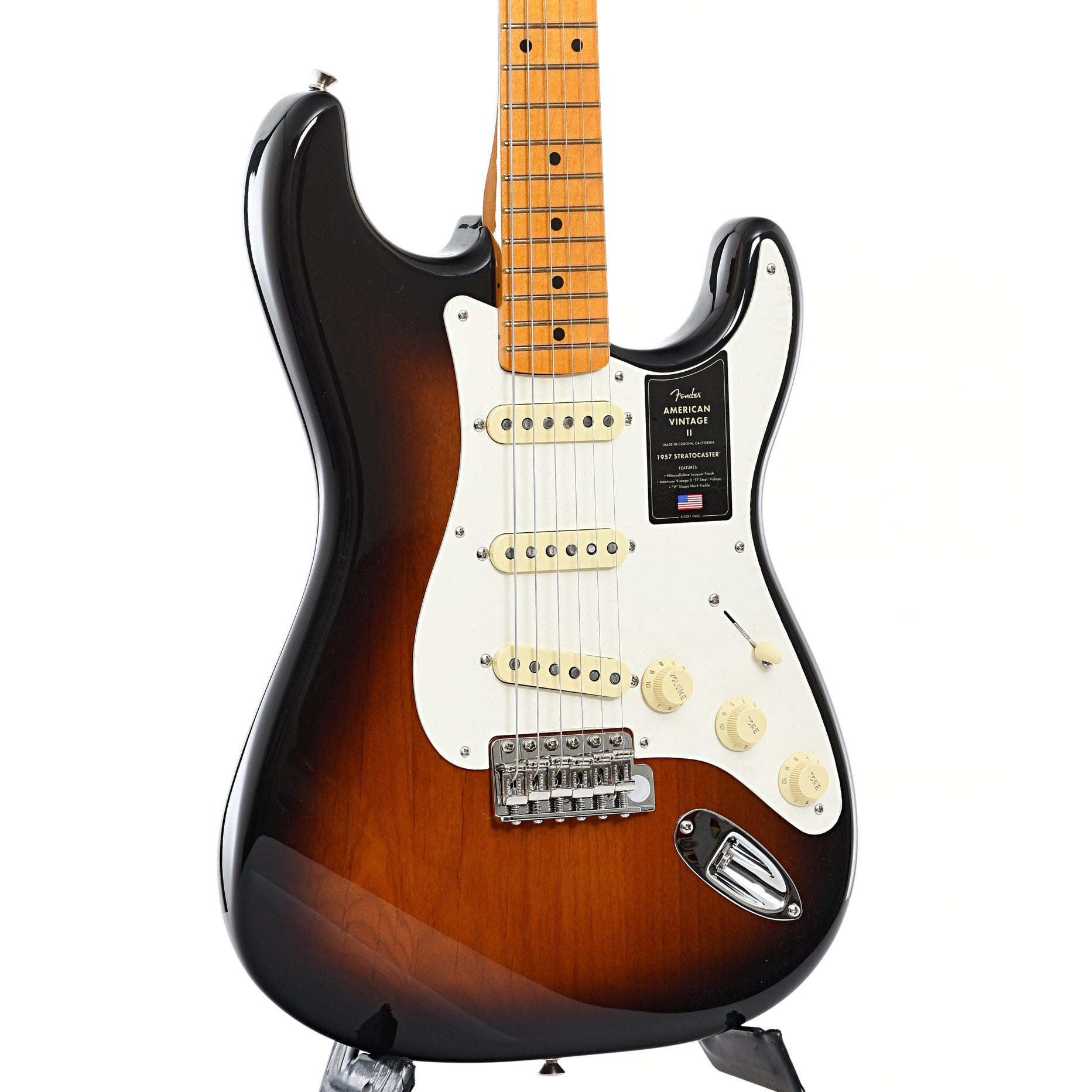 Front and side of Fender American Vintage II 1957 Stratocaster, 2-Color Sunburst