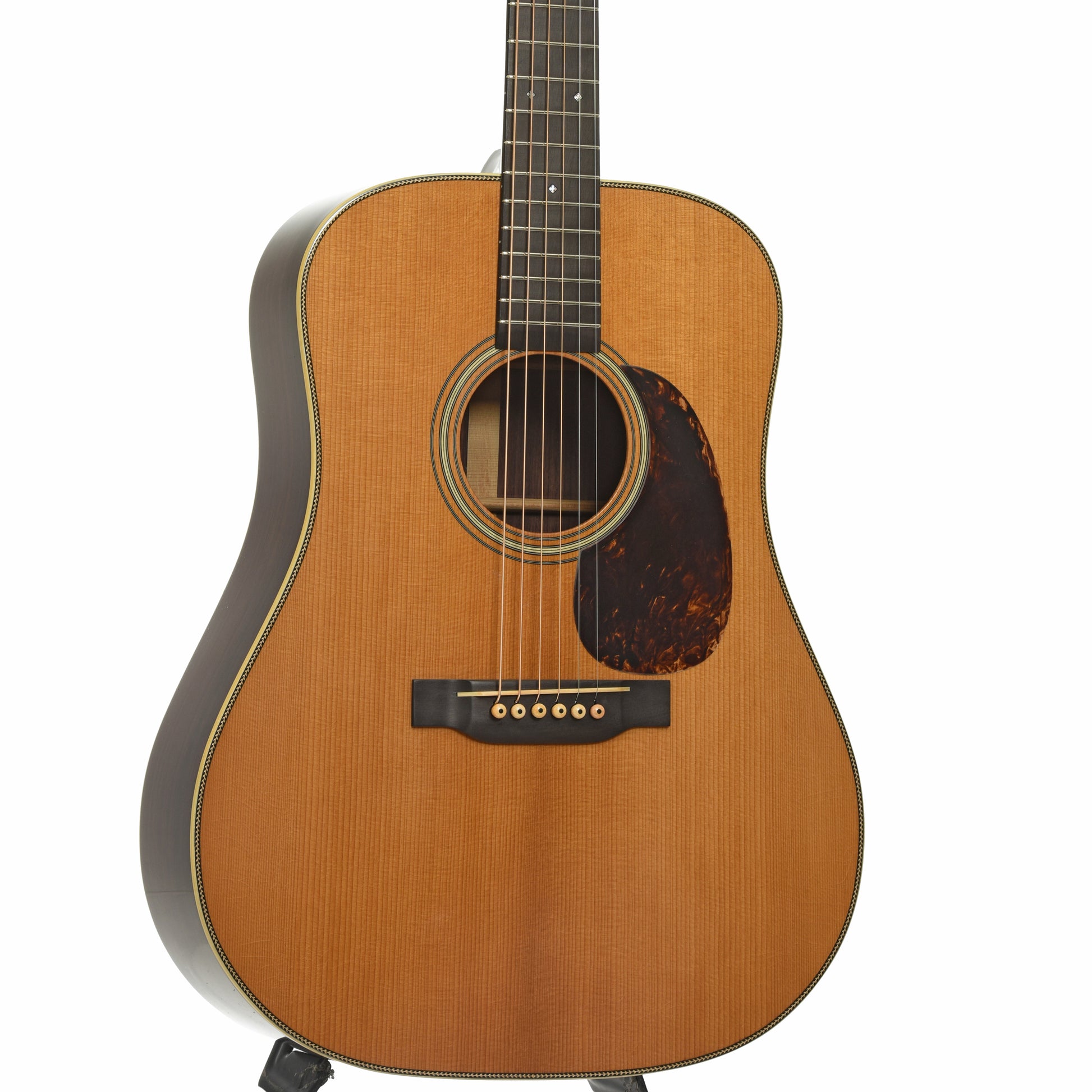 Front and side of Pre-War Guitars Co. Herringbone Dreadnought East Indian Rosewood Acoustic Guitar, Level 1 Aging