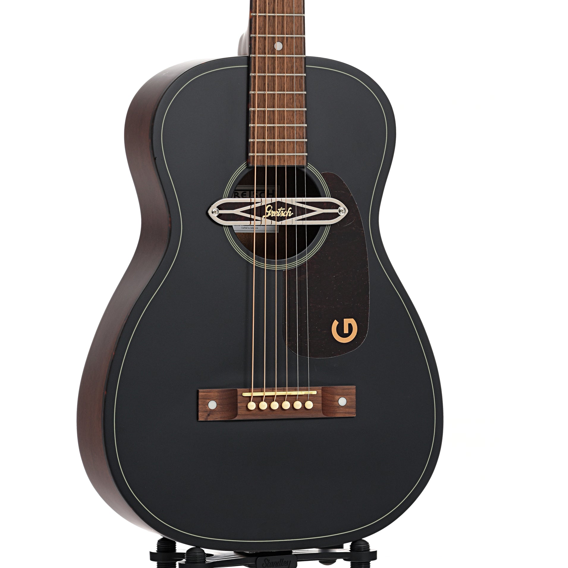 Front and side of Gretsch Jim Dandy Deltoluxe Parlor Acoustic/Electric Guitar, Black Top