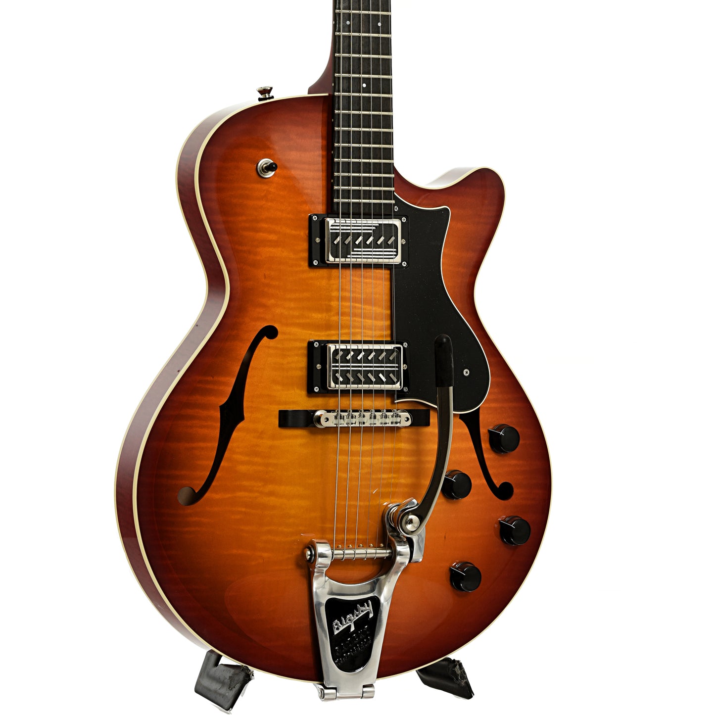 Front and side of Collings 620 SM LC Hollowbody Electric Guitar, Dark Cherry Sunburst