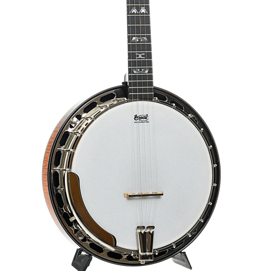 Front and side of Capek Allegoria Nickel Resonator Banjo & Gigbag, Flame Maple