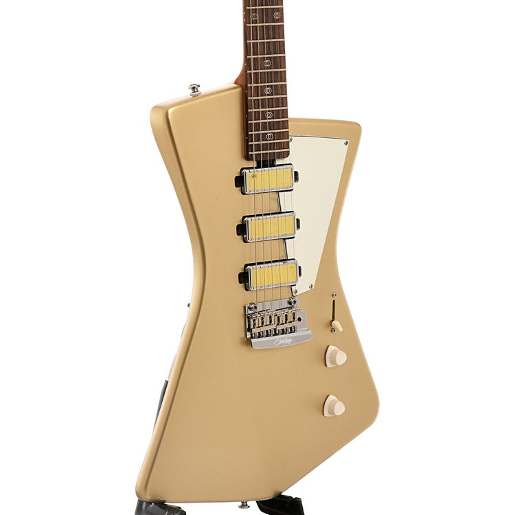 Front and side of Sterling by Music Man St. Vincent Goldie Electric Guitar, Cashmere