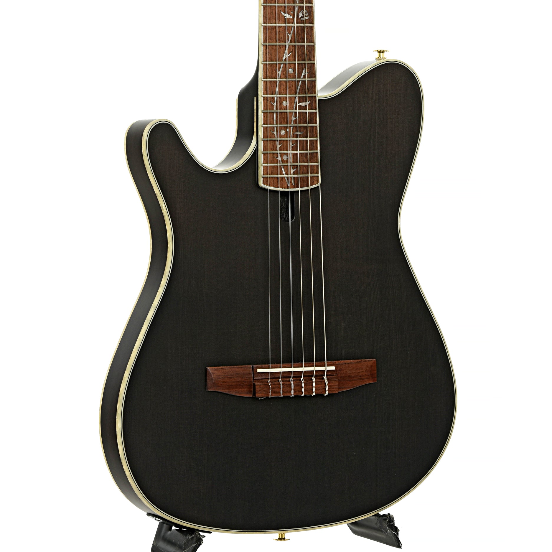 Front and side of Ibanez TOD10NL Tim Henson Signature Acoustic-Electric Nylon String Guitar - Left Handed, Transparent Black Flat