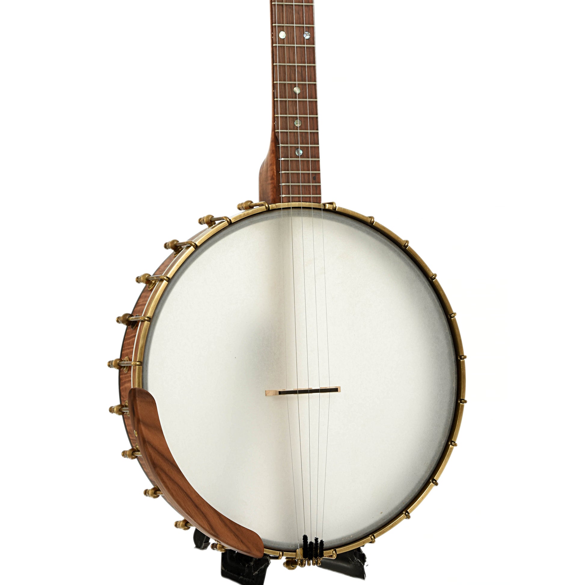 Front and side of Starr Banjos 13" Curly Maple Openback Banjo