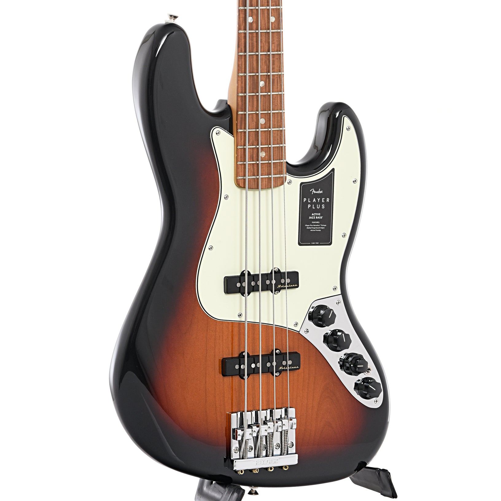 Front and side of Fender Player Plus Jazz Bass, 3-Color Sunburst