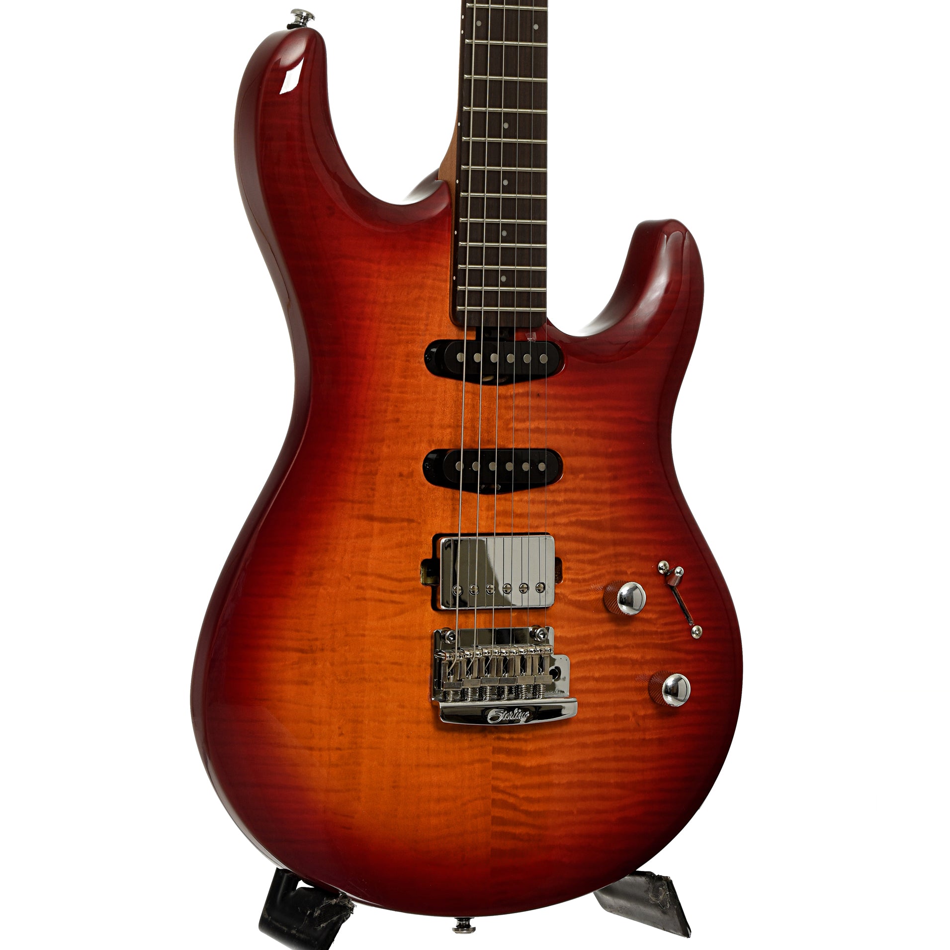 Front and side of Sterling by Music Man Luke HSS Electric Guitar, Heritage Cherry Burst
